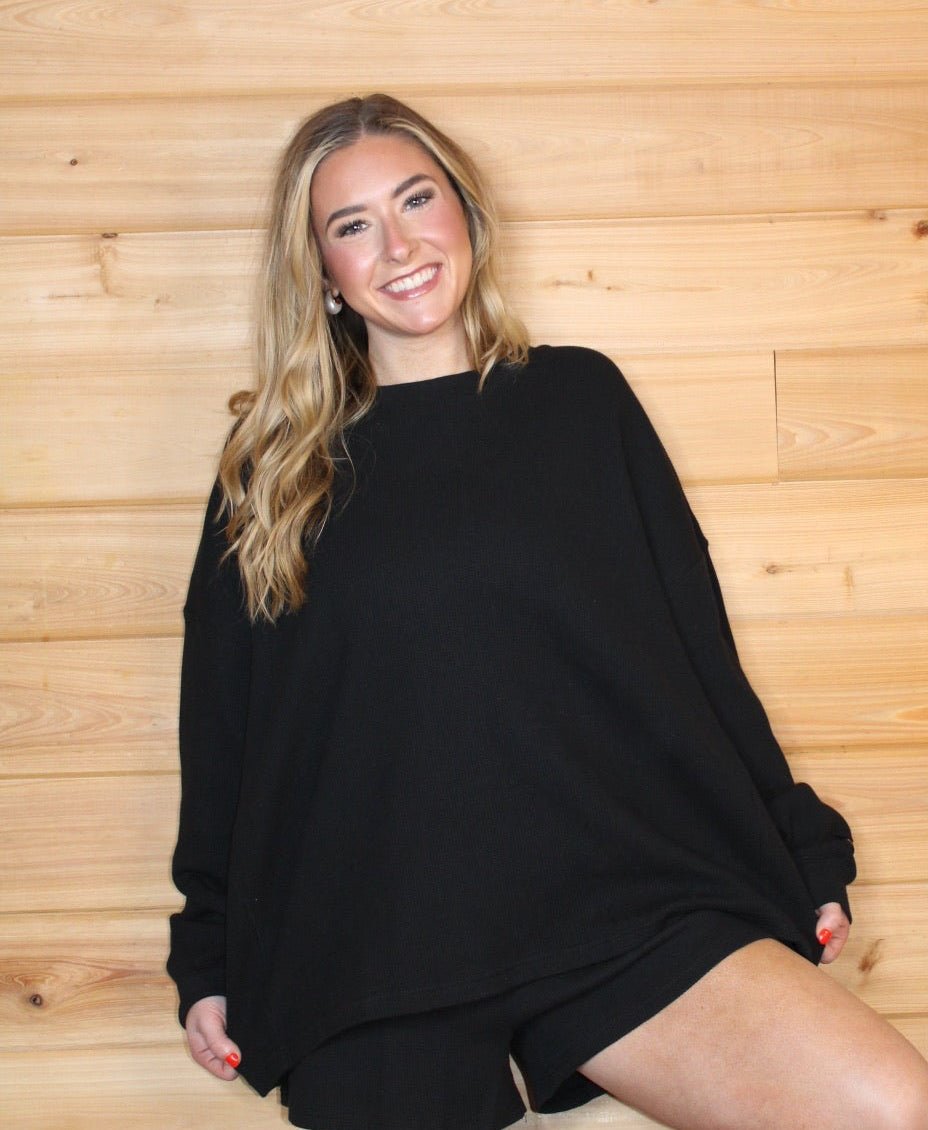 Black Long Sleeve Waffle Top - Liv & Mama’s