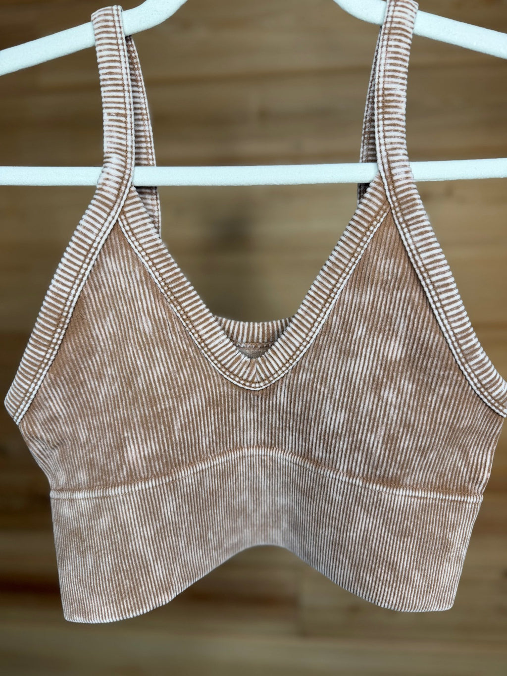 Zenana Washed V Neck Seamless Cropped Bra Top - Deep Camel - Liv & Mama’s