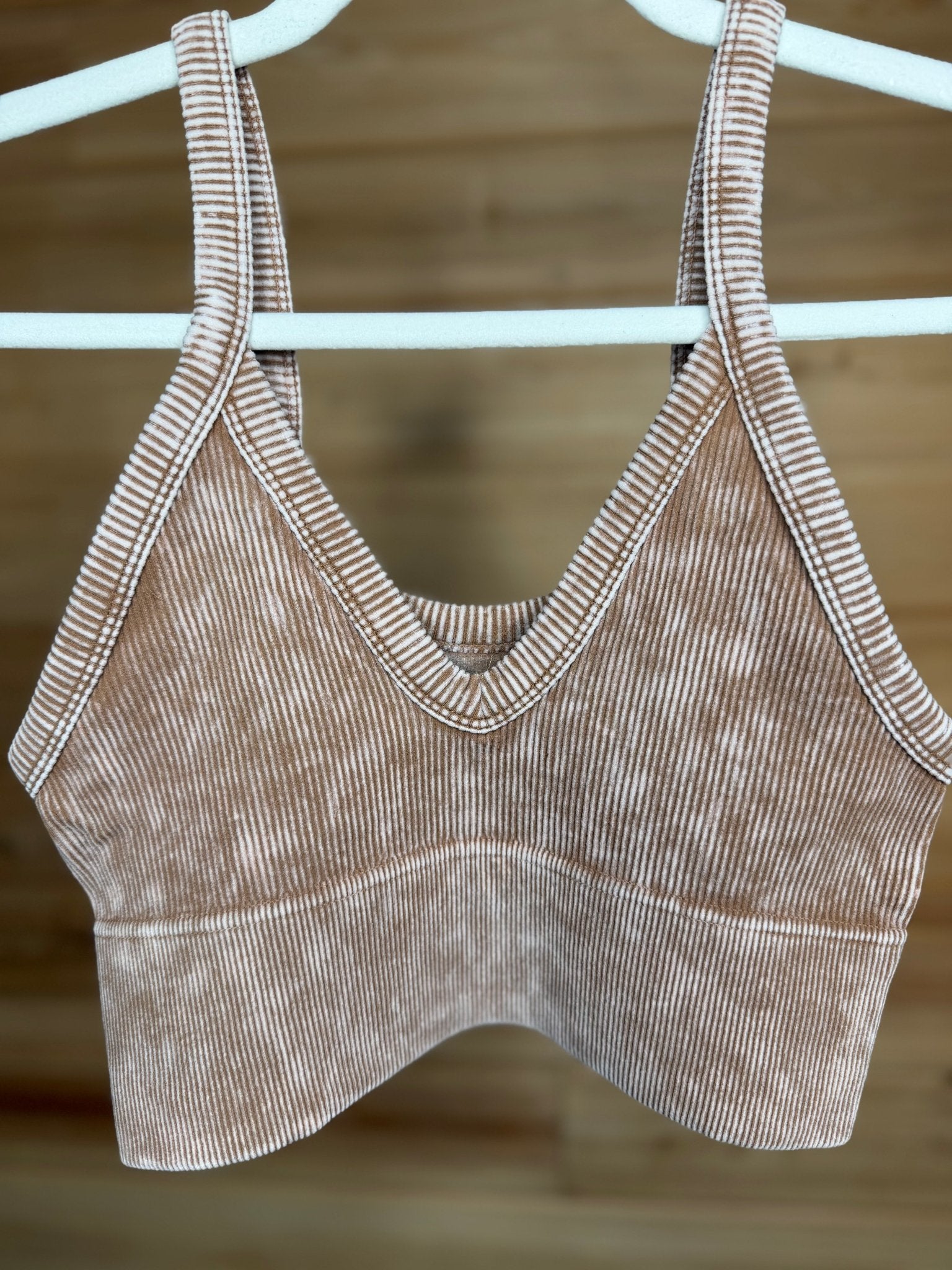 Zenana Washed V Neck Seamless Cropped Bra Top - Deep Camel - Liv & Mama’s